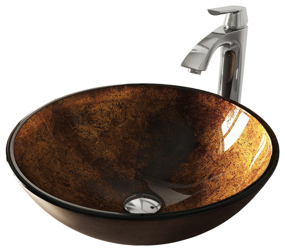 VIGO Brown and Gold Fusion Glass Vessel Sink and Faucet Set, Chrome