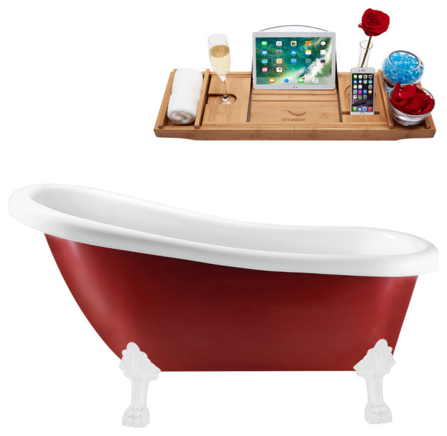 61" Streamline N482WH-IN-PNK Clawfoot Tub and Tray With Internal Drain