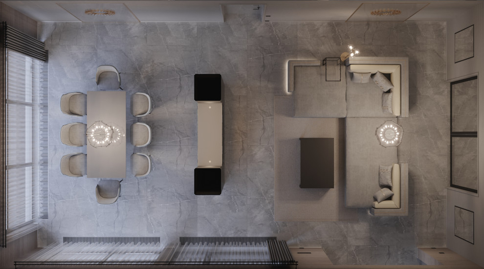 3d-визуализация плана гостиной-столовой в проекте загородного дома