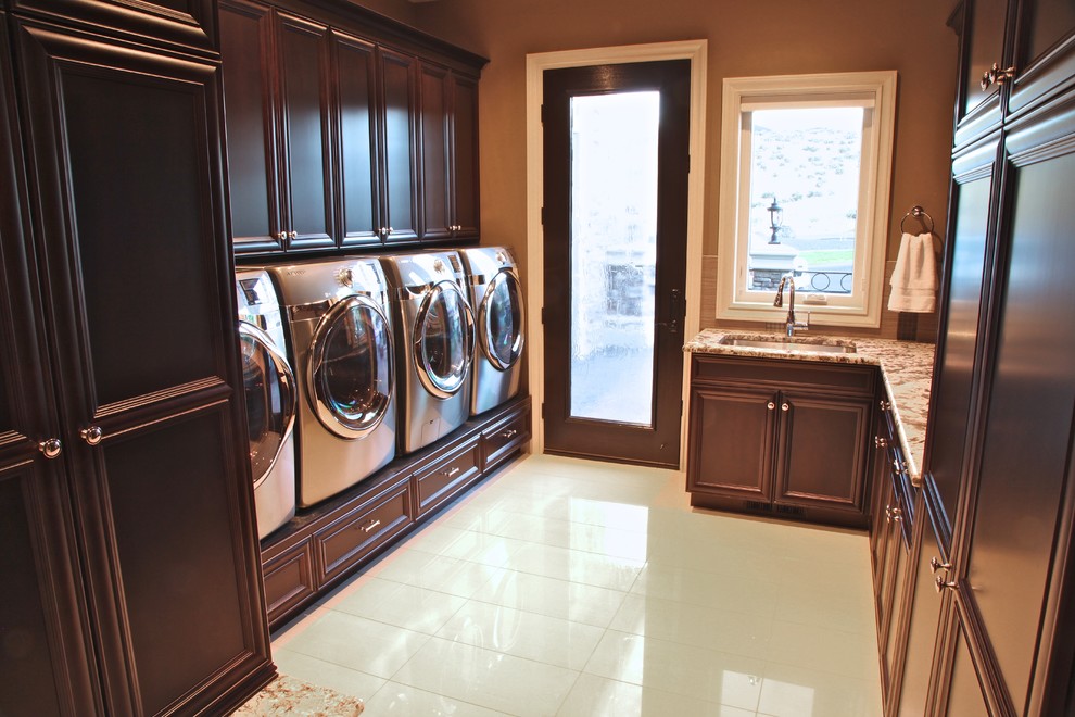 Design ideas for a contemporary laundry room in Seattle with white floor.