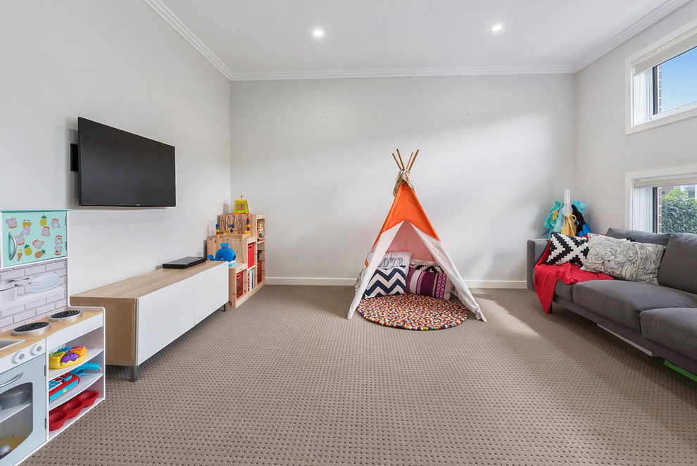 Design ideas for a contemporary gender-neutral kids' playroom in Sydney with grey walls, carpet and beige floor.