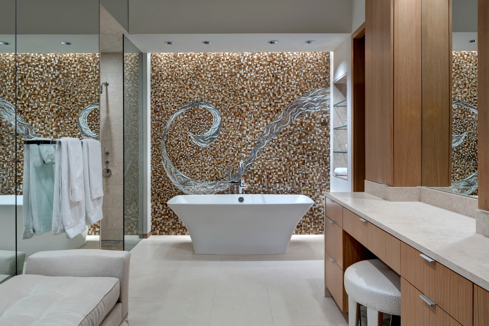 This is an example of a contemporary bathroom in Dallas with a freestanding tub.