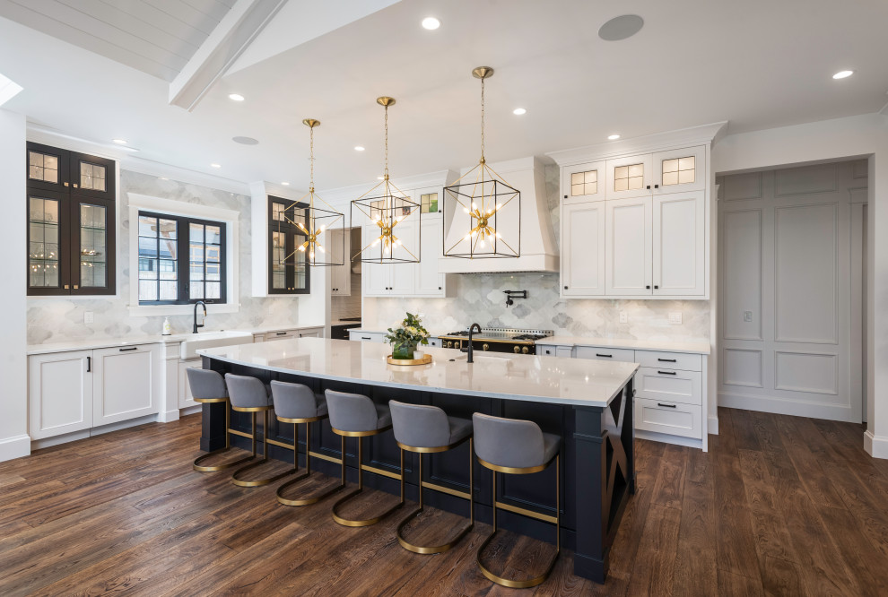 Design ideas for a large kitchen in Vancouver with a double-bowl sink, flat-panel cabinets, grey cabinets, quartzite benchtops, white splashback, marble splashback, dark hardwood floors, with island, brown floor, white benchtop and wallpaper.