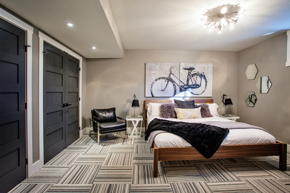 This is an example of a contemporary bedroom in Toronto with grey walls, carpet and multi-coloured floor.