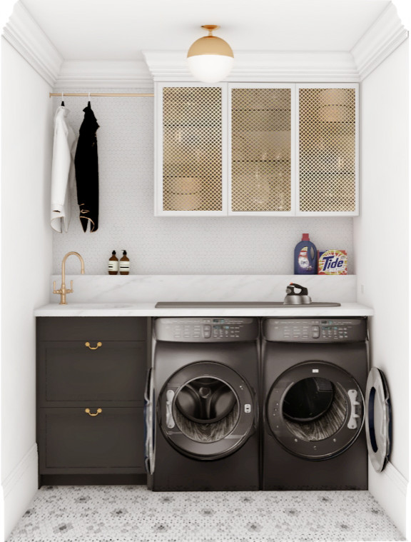 Photo of a small modern single-wall laundry room in Toronto with an undermount sink, shaker cabinets, marble benchtops, white splashback, marble splashback, white walls, marble floors, a side-by-side washer and dryer, grey floor and white benchtop.