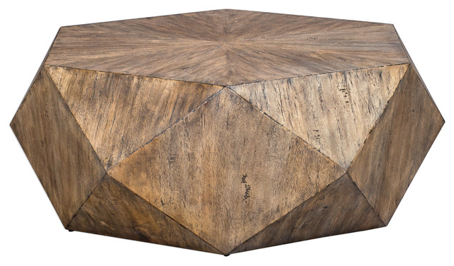 Faceted Large Round Light Wood Coffee, Modern Wooden Coffee Table Round