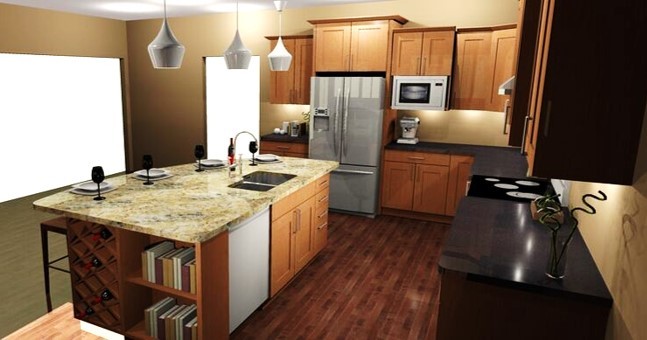 Mid-sized mountain style l-shaped dark wood floor eat-in kitchen photo with an undermount sink, recessed-panel cabinets, medium tone wood cabinets, granite countertops, stainless steel appliances and an island