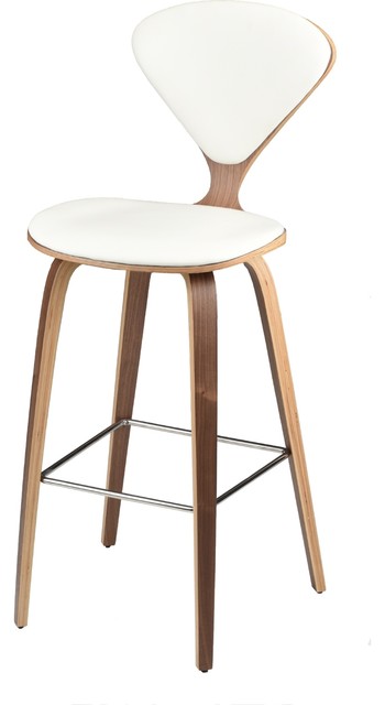 Satine Bar Stool with Walnut Frame and Leather Seat Pads, White Leather