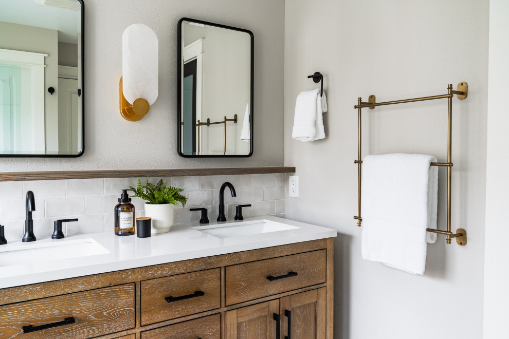 Example of a small country double-sink corner shower design in Seattle with shaker cabinets, quartz countertops, a hinged shower door and a freestanding vanity