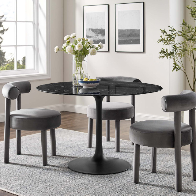 Lippa 48" Round Artificial Marble Dining Table in Black Black Midcentury Dining Tables by