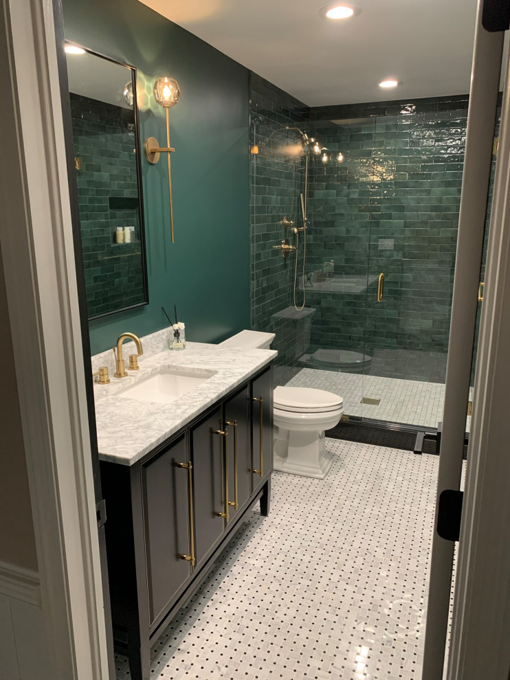 Inspiration for a mid-sized traditional 3/4 bathroom in Chicago with raised-panel cabinets, black cabinets, an alcove shower, a two-piece toilet, green tile, porcelain tile, green walls, marble floors, an undermount sink, marble benchtops, multi-coloured floor, a hinged shower door, white benchtops, a single vanity and a freestanding vanity.