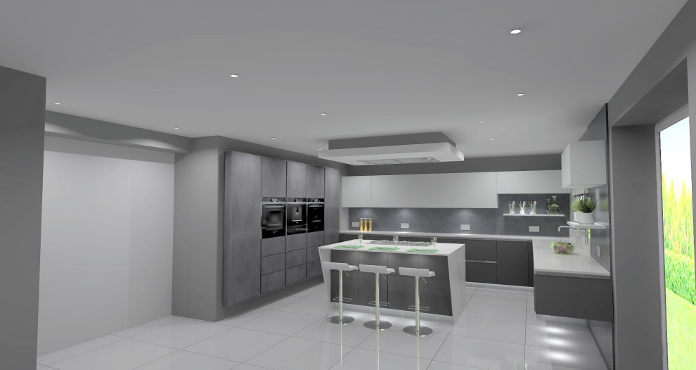 Foto di una grande cucina minimalista con lavello integrato, ante lisce, ante grigie, top in marmo e top bianco