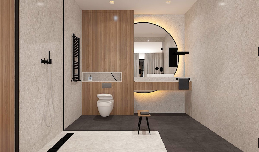 Design ideas for a small modern master bathroom in Other with glass-front cabinets, beige cabinets, a drop-in tub, a corner shower, a one-piece toilet, brown tile, marble, brown walls, concrete floors, a drop-in sink, wood benchtops, brown floor, a sliding shower screen, brown benchtops, an enclosed toilet, a single vanity and a freestanding vanity.