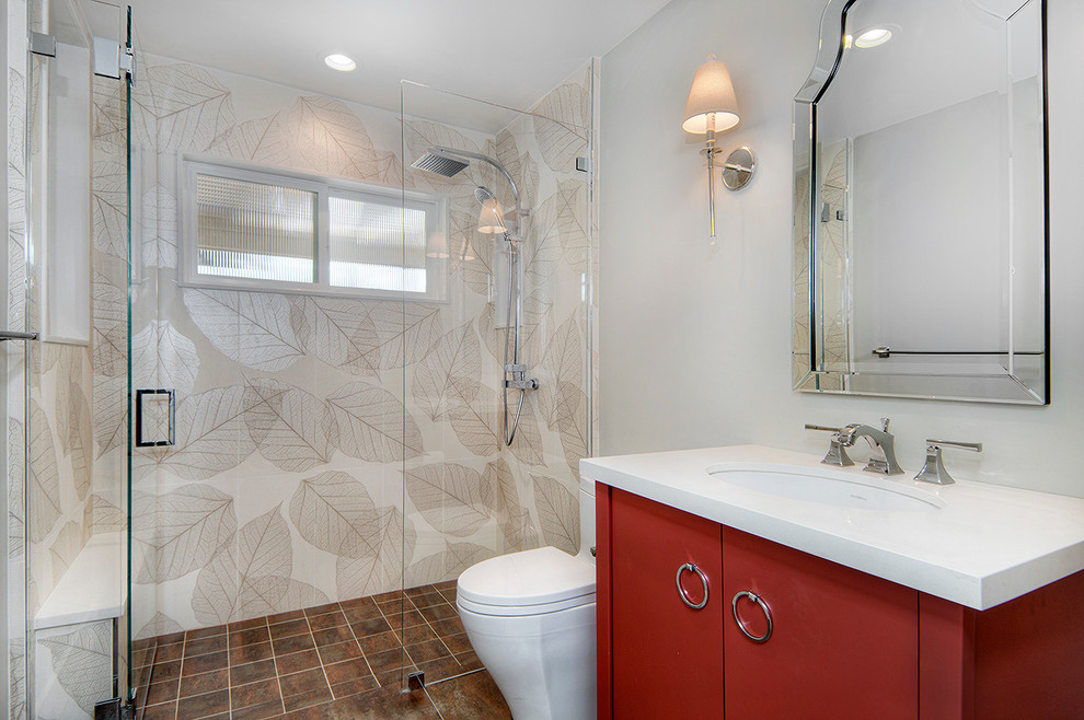 Design ideas for a mid-sized country bathroom in San Francisco with an undermount sink, flat-panel cabinets, red cabinets, a curbless shower, a one-piece toilet, beige tile, ceramic tile, grey walls, ceramic floors, engineered quartz benchtops and brown floor.