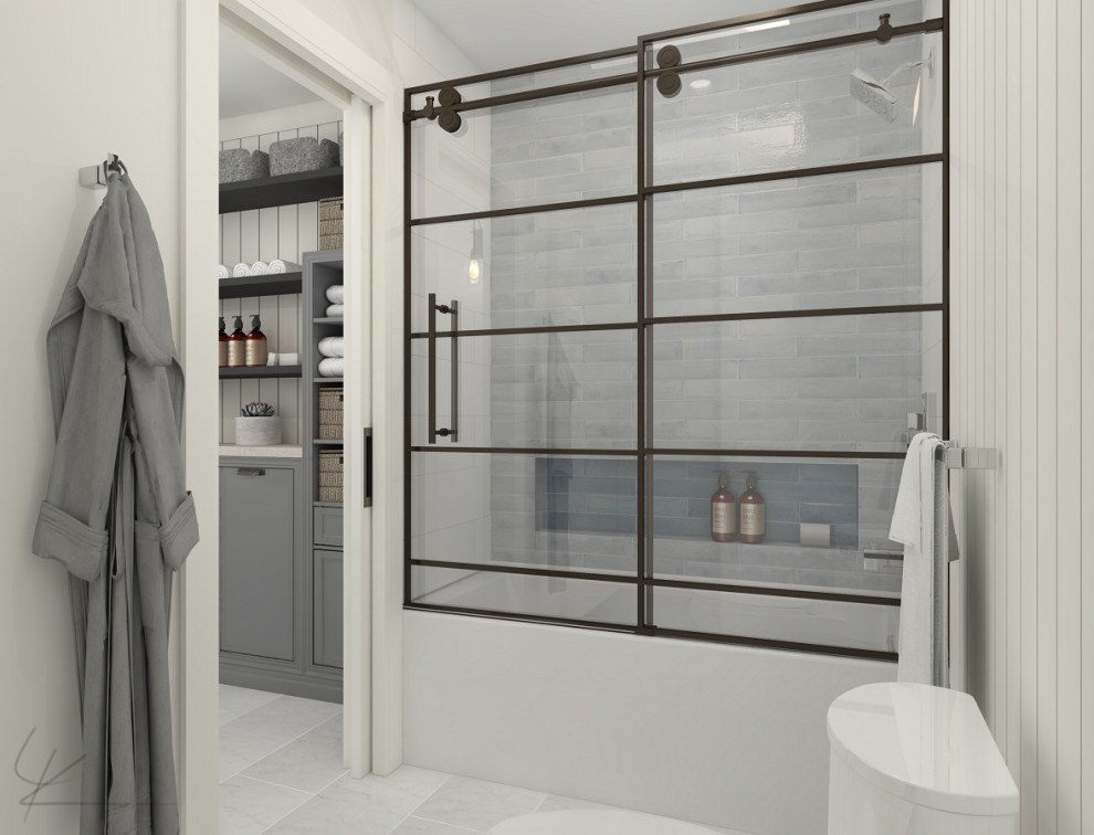 Design ideas for a mid-sized contemporary kids bathroom in Toronto with shaker cabinets, dark wood cabinets, an alcove tub, a curbless shower, a two-piece toilet, beige tile, wood-look tile, white walls, porcelain floors, an undermount sink, marble benchtops, white floor, a sliding shower screen, beige benchtops, a niche, a double vanity, a freestanding vanity and planked wall panelling.