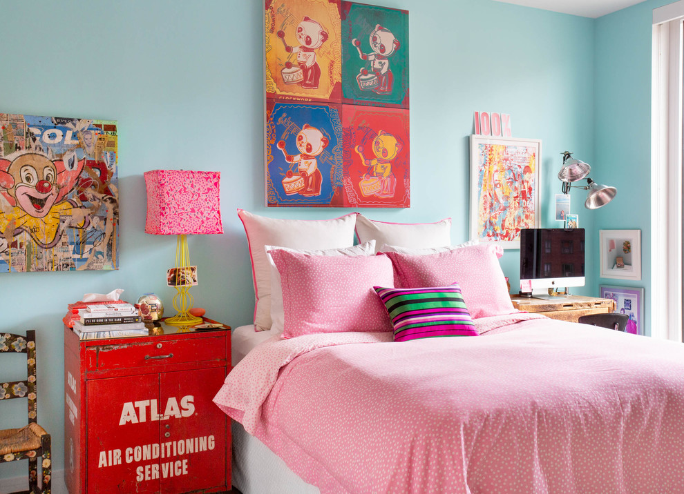 Photo of an eclectic bedroom in New York with blue walls.