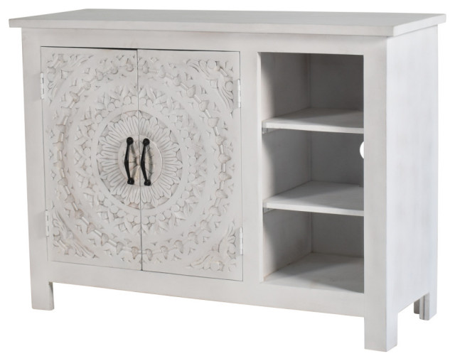 46" Whitewash TV Stand Media Console Bohemian Mandala Carved