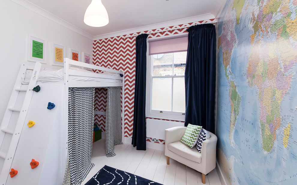 Transitional gender-neutral kids' bedroom in London with multi-coloured walls and painted wood floors for kids 4-10 years old.