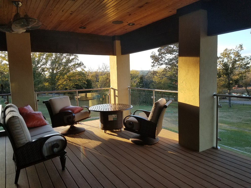 Lake House Dream - 2nd floor covered outdoor patio complete with fire pit, glass railing for unobstructed views, LED lighting, multiple fans and in-ceiling speakers.
