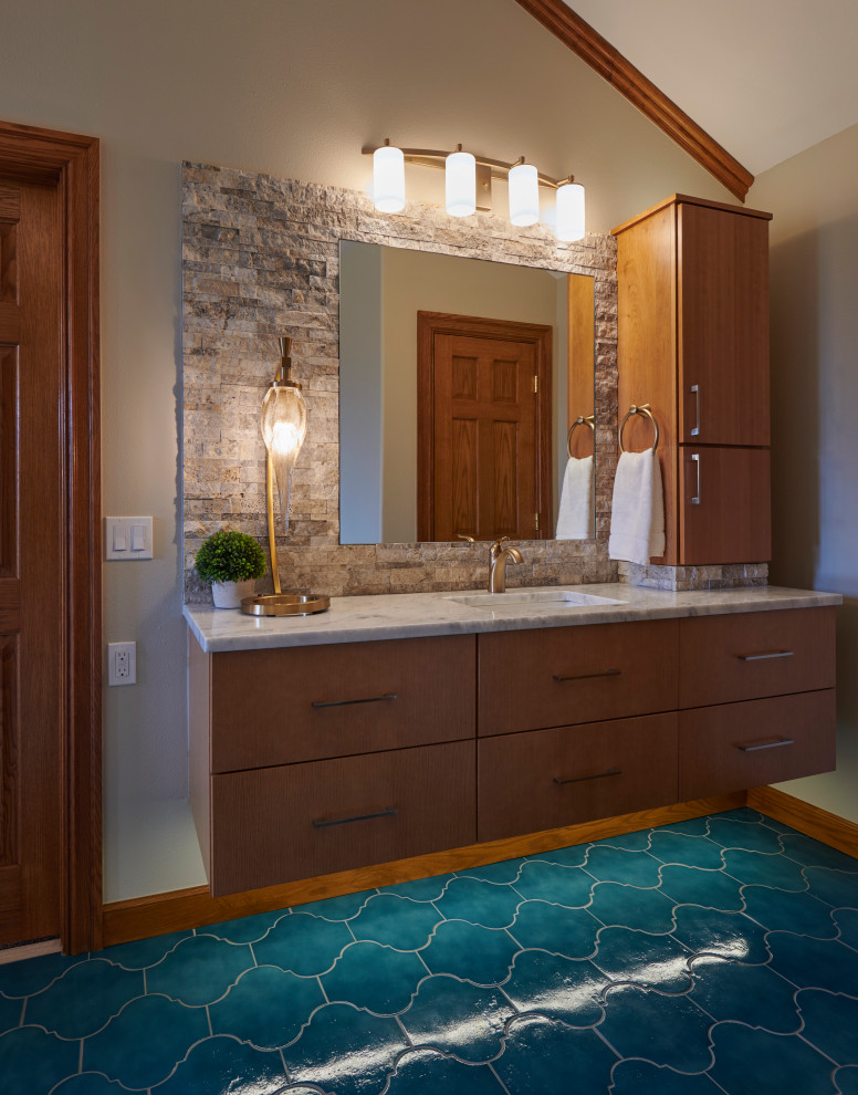 Mid-sized modern master bathroom in Other with flat-panel cabinets, medium wood cabinets, a freestanding tub, an open shower, beige tile, stone tile, an undermount sink, granite benchtops, turquoise floor, an open shower, beige benchtops, a double vanity and a floating vanity.