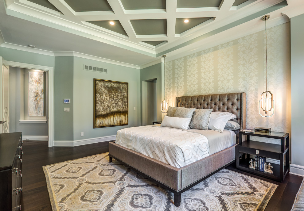 Transitional master bedroom in Other with blue walls and dark hardwood floors.