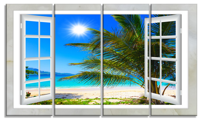 "Window Open To Beach With Palm" Seashore Wall Art, 4 Panels, 48"x28"