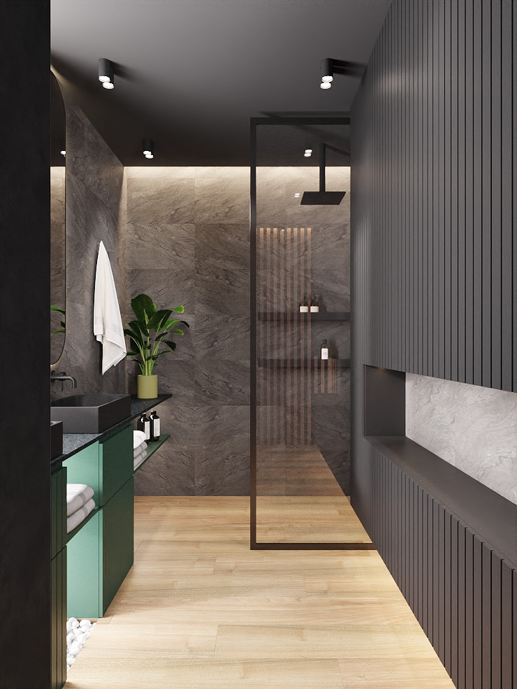 Photo of a medium sized modern grey and black ensuite bathroom in Other with black cabinets, a built-in shower, black tiles, ceramic tiles, black walls, ceramic flooring, quartz worktops, beige floors, black worktops, double sinks and a freestanding vanity unit.