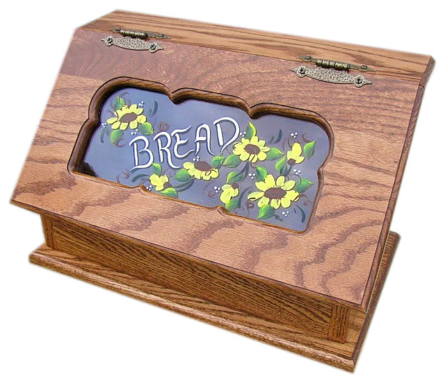 Amish Oak Stained Bread Box with Clear Dasies Front Word Bread