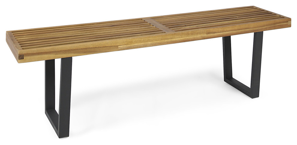 Joa Patio Contemporary Acacia Wood Dining Bench With Iron Legs, Teak Finish/Black