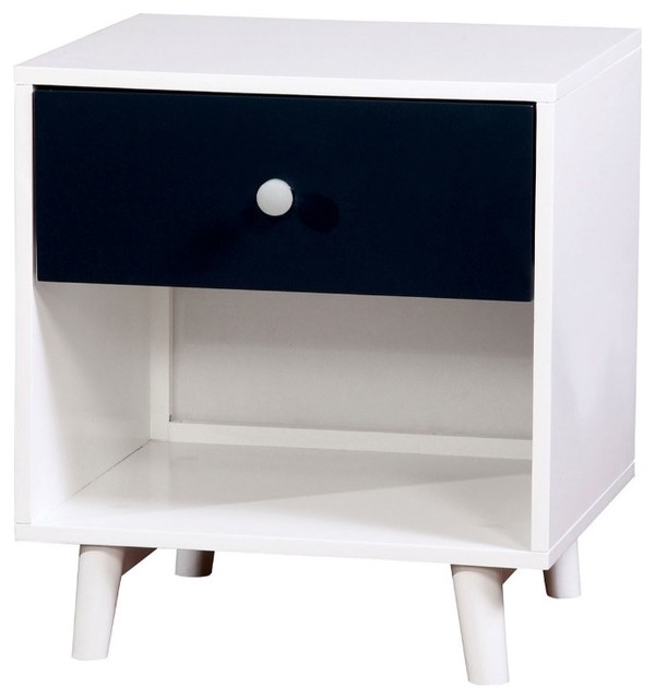 Wooden Two Tone Nightstand with One Drawer And One Shelf, White And Blue Midcentury