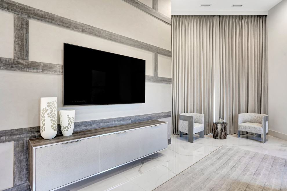 This is an example of a large contemporary master bedroom in Miami with white walls, porcelain floors, white floor and panelled walls.