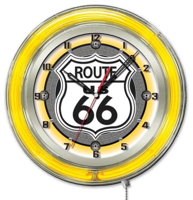 Route 66 Neon Clock Contemporary Wall Clocks By Bisonoffice Houzz Route 66 Neon Clock Contemporary, Custom Neon Garage Clocks