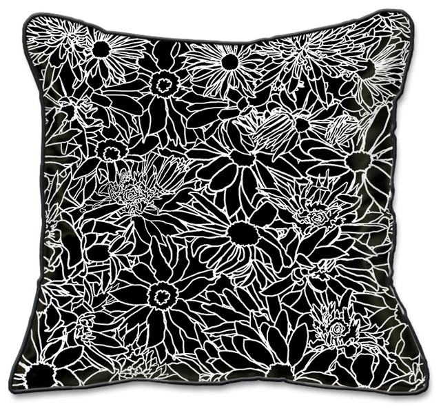 Flower Power Pillow Slipcover, Black/White, Square 18"x18"