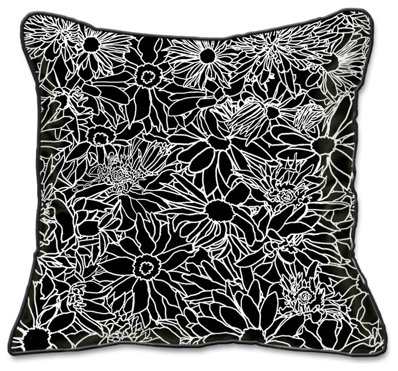 Flower Power Pillow Slipcover, Black/White, Square 18"x18"