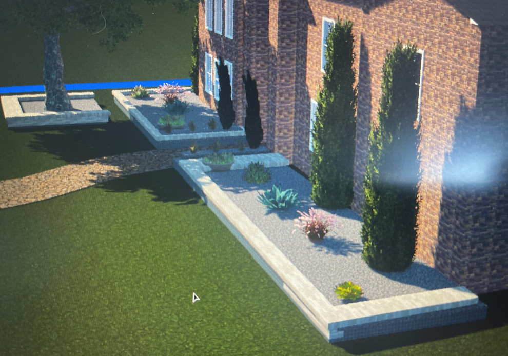 Exempel på en mycket stor modern formell trädgård i delvis sol blomsterrabatt och framför huset på sommaren, med grus