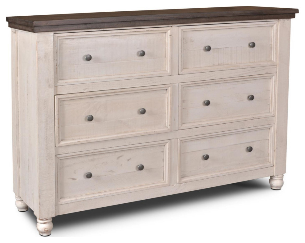 Rustic French 6 Drawer Double Dresser, Distressed White And Brown Solid