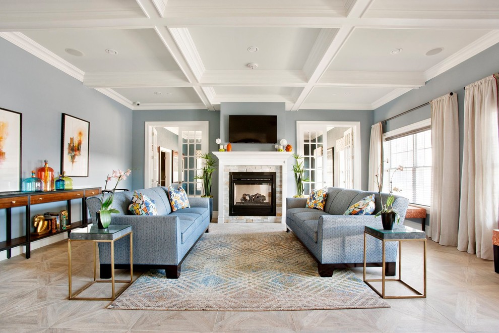 Photo of a large contemporary open concept family room in New York with blue walls, ceramic floors, a two-sided fireplace, a wood fireplace surround and a wall-mounted tv.