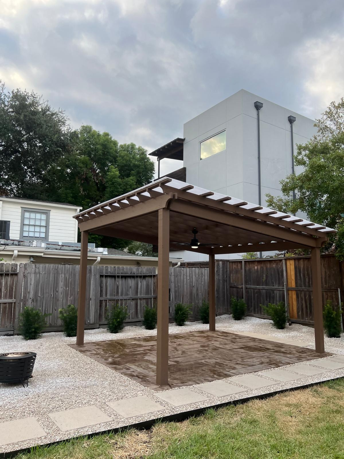 Beautiful stamped concrete patio with Pergola Cover on Haddon st!