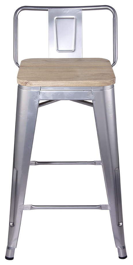 Lowback Silver Metal Bar Stools, Light Wooden Seat, Set of 1 ...