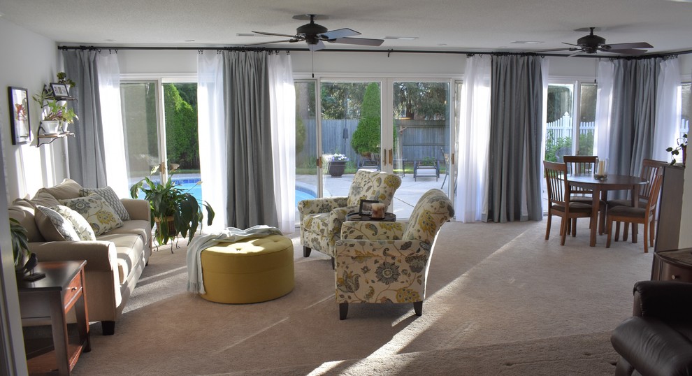 Photo of a large transitional sunroom in Other with carpet and white floor.