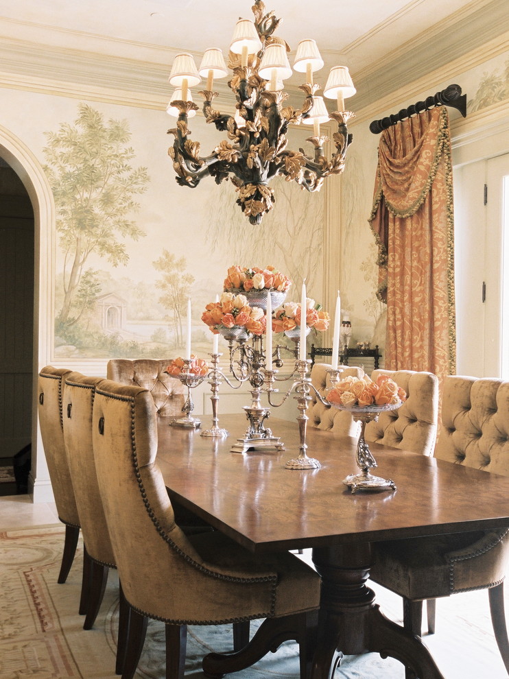 Photo of an expansive mediterranean dining room in Baltimore with travertine floors and beige floor.