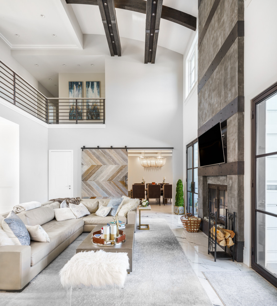 Design ideas for a large modern open concept living room in New York with a standard fireplace, a stone fireplace surround, multi-coloured floor and vaulted.