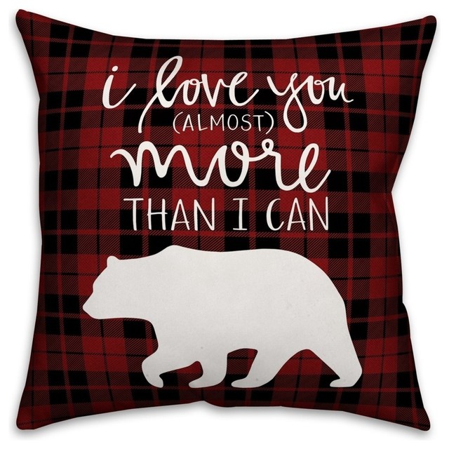 Red and Black Buffalo Plaid Bear Outdoor Throw Pillow Rustic