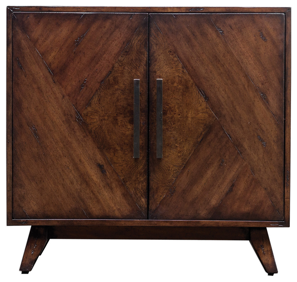 Elegant Geometric Pieced Burl Wood Accent Cabinet, Midcentury Modern Table
