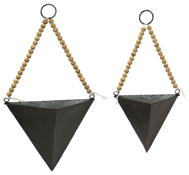 HomeRoots Set of 2 Triangle Metal and Wood Wall Planters - Farmhouse ...