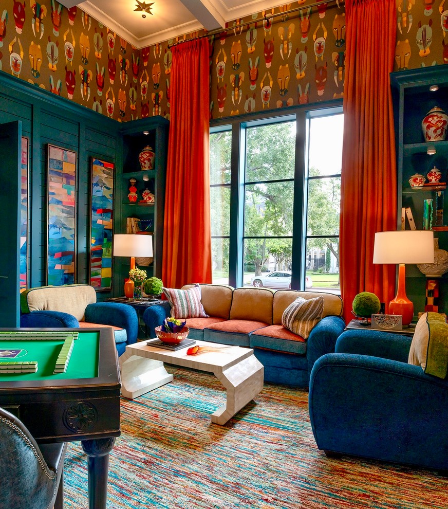 Mid-sized transitional family room in Houston with carpet, multi-coloured floor, a home bar and multi-coloured walls.