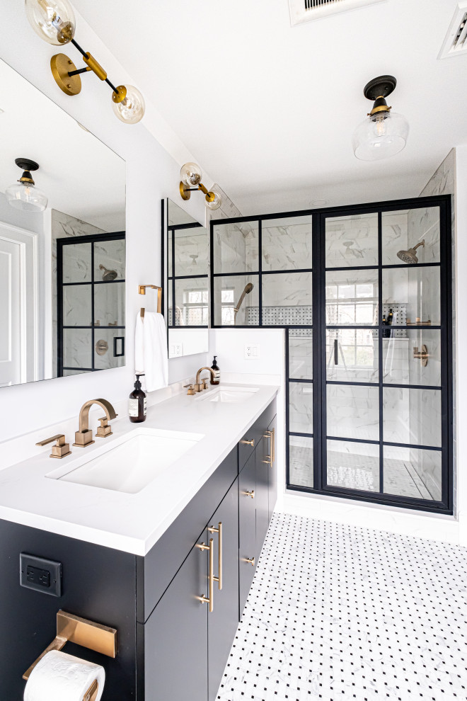 Mid-sized modern master bathroom in Newark with flat-panel cabinets, black cabinets, an alcove shower, a two-piece toilet, white tile, marble floors, an undermount sink, engineered quartz benchtops, white floor, a hinged shower door, white benchtops, a niche, a double vanity and a built-in vanity.