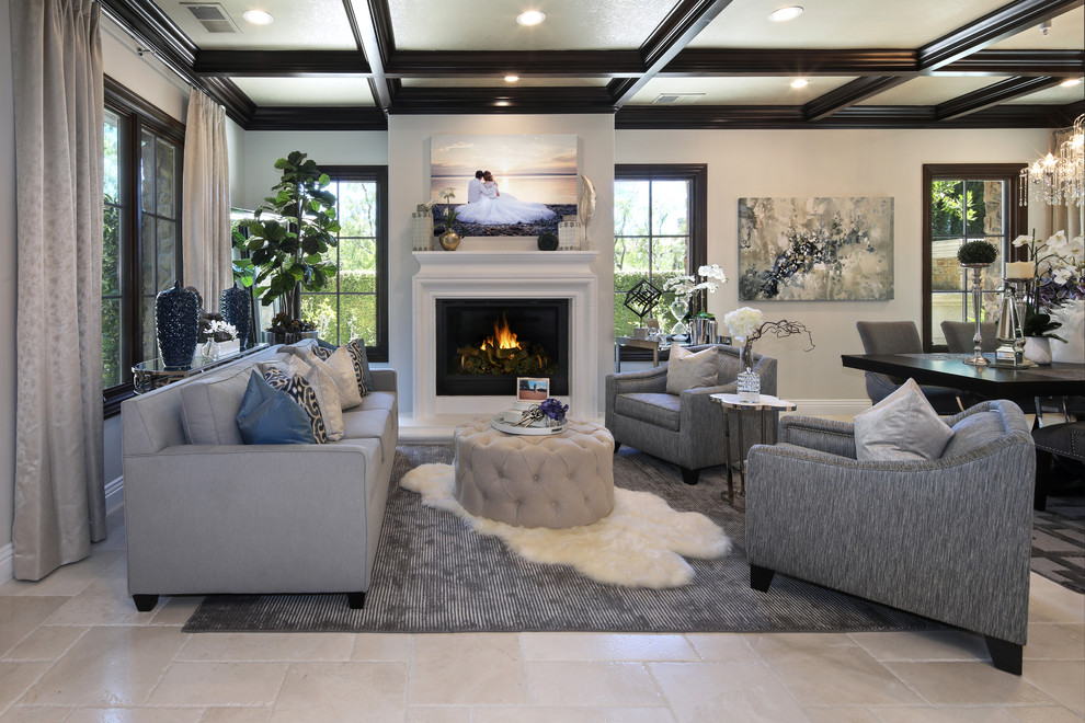 Mid-sized contemporary formal open concept living room in Orange County with white walls, ceramic floors, a standard fireplace, a wood fireplace surround, no tv and beige floor.