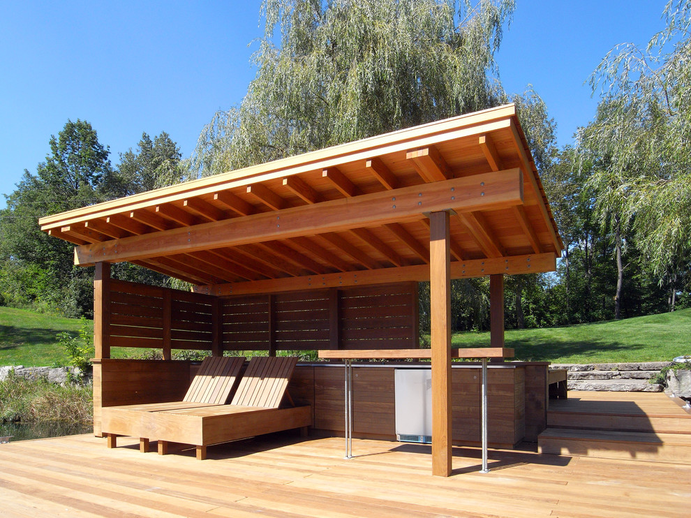Photo of a large contemporary backyard deck in Other with with dock.