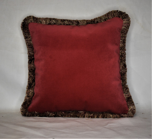 red velvet fringed decorative throw pillow for sofa or bed, 14x14
